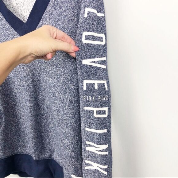 VICTORIA’S SECRET PINK | V-Neck Ringer Long Sweatshirt Blue Women’s Size Small - Picture 3 of 7